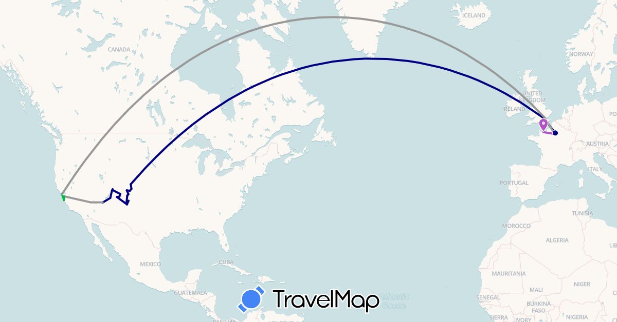 TravelMap itinerary: driving, bus, plane, train, boat in France, United Kingdom, United States (Europe, North America)